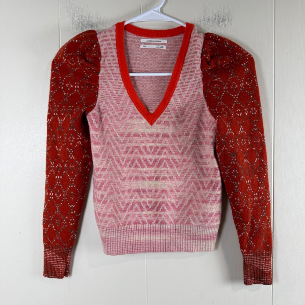 Anthropologie‎ Womens XXSP Puff Sleeve Geometric Knit Sweater Orange Pink V-Neck